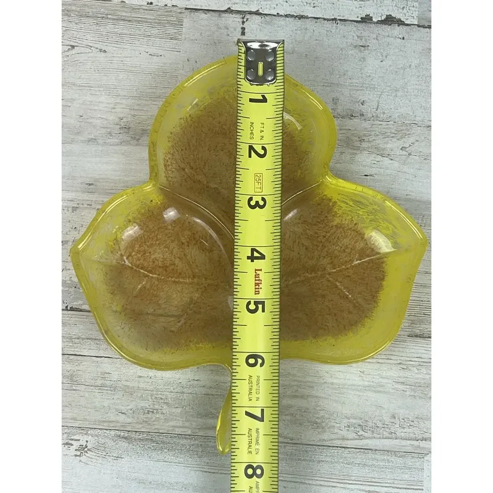 Vintage Amber Yellow Leaf Divided Candy Nut Dish Pressed Glass Trinket Tray